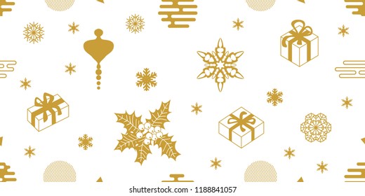 White and golden Christras an New Year composition. Seamless vector pattern with gifts, holly, snowflakes and other decorative elements. Simple design for packaging, cards and textile.