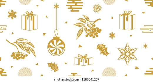 White and golden Christras an New Year composition. Seamless vector pattern with gifts, holly, rowan, snowflakes and other decorative elements. Simple design for packaging, cards and textile.