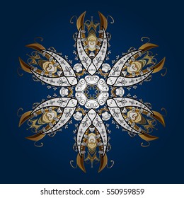 White and golden elements on dim blue background. Vector. Radial gradient shape.