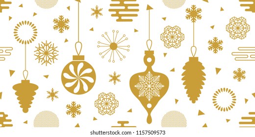 	
White and golden festive background. Seamless vector pattern with Christmas balls, snowflakes and other decorative elements. Simple design for packaging, cards and textile.