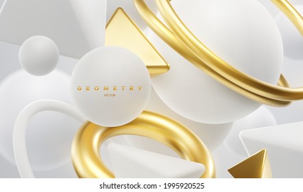 Fondo geométrico blanco y dorado. Resumen del elegante fondo con anillos, esferas, pirámides. Ilustración vectorial 3d. Composición primitiva de geometría flotante. Diseño de pancartas o carteles