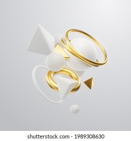White and golden geometric shapes cluster. Abstract elegant background. Vector 3d illustration. Flowing geometry primitives composition. Banner or sign design