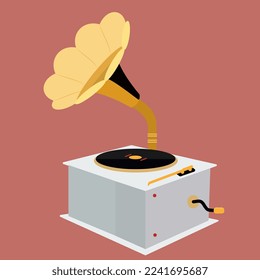 White golden gramophone with record in retro style
