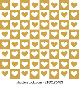 White and golden hearts  seamless pattern on repeatable checkerboard background. Symmetric stylish vector illustration. Interior design, wall, tile floor pattern, Textile and surface pattern. 