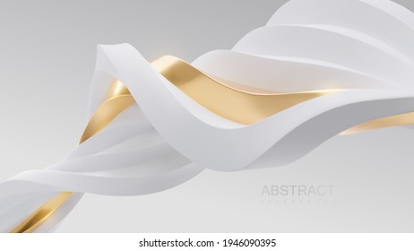 White and golden intertwined wavy shapes. Abstract luxurious background. Curvy stream. Abstract twisted wave. Vector 3d illustration. Minimalist geometric cover design. Elegant backdrop. Jewelry decor