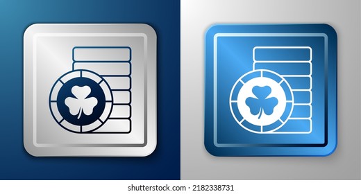 White Golden leprechaun coin with clover trefoil leaf icon isolated on blue and grey background. Happy Saint Patricks day. National Irish holiday. Silver and blue square button. Vector