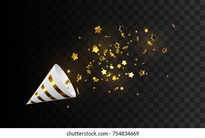 White And Golden Party Popper With Exploding Confetti Particles Isolated On Black Background. Vector Holiday Illustration. Glossy Striped Paper Cone With Sparkling Stars. Festive Or Magic Decoration.