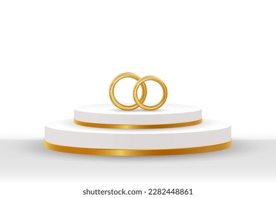 Podio blanco y dorado con anillos de boda dorados sobre fondo blanco. 3d ilustración, diseño de bodas, vector