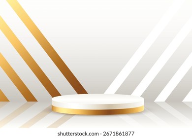 Soporte de podio blanco y dorado para escaparate de objetos con Vector de rayas diagonales