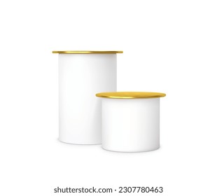 White golden podiums base platform different heights. 3d round blank stand pedestal for product presentation.Vector cylinder shape. Podium mockup realistic illustration