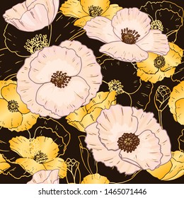 White and golden poppy seamless pattern on dark brown background for package or fabric. Vector hand drawn illustration.
