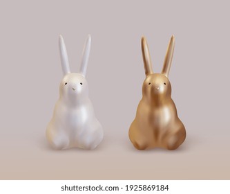 White and golden rabbit. 3d Gold metallic Bunny. White easter rabbit. Easter Bunny. Realistic vector illustration. Isolated on white background.