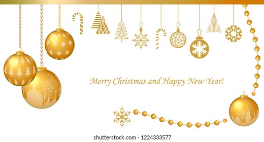 White and golden realistic Merry Christmas greeting card. Minimal design with Xmas balls and other decorative elements. Fir trees, gifts, snowflakes.  