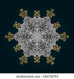 White and golden snowflakes on blue background. Radial gradient shape. Vector.