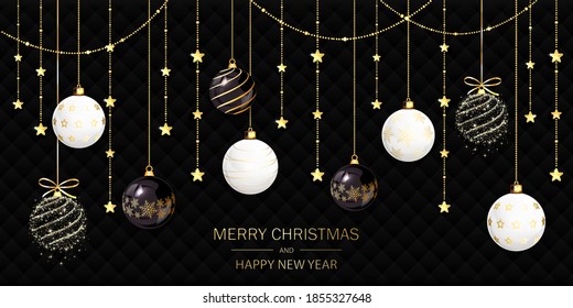 White, golden and sparkle Christmas balls and stars on black holiday background. Illustration with text Merry Christmas can be used for holiday design, cards, invitations, postcards and banner