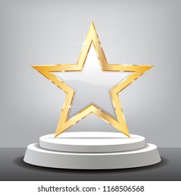 white golden star on white podium in gray studio, vector background template for cosmetics, show business, sports or something else