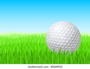 White golf ball in green grass on a blue sky.