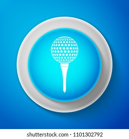 White Golf ball on tee icon isolated on blue background. Circle blue button with white line. Vector Illustration