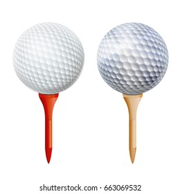 White Golf Ball On Tee. Vector Realistic Illustration