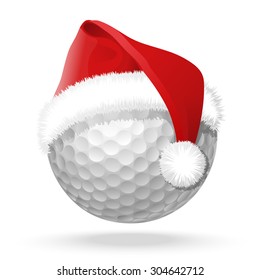 White golf ball and santa red hat on it. Isolated vector illustration with light shadow under golf ball