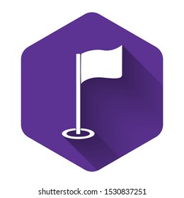 White Golf flag icon isolated with long shadow. Golf equipment or accessory. Purple hexagon button. Vector Illustration