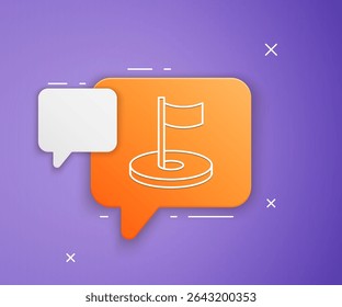 White Golf hole with flag icon isolated on purple background. Orange speech bubble symbol. Vector