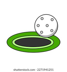 White golf rolling down hole in field grass icon flat vector design