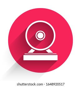 White Gong musical percussion instrument circular metal disc icon isolated with long shadow. Red circle button. Vector Illustration