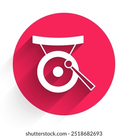 White Gong musical percussion instrument circular metal disc and hammer icon isolated with long shadow background. Red circle button. Vector