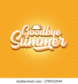 White goodbye summer vector concept text label or sticker on orange summer background with sun lights
