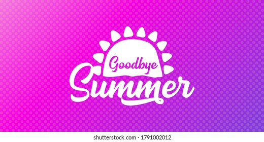 White goodbye summer vector concept text label or sticker on violet horizontal background