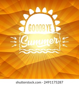 Etiqueta de texto o etiqueta engomada blanca del concepto del Vector del verano del adiós en el fondo de verano naranja con las luces solares. Fondo de verano con rayos de luz.