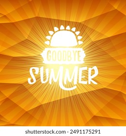 White goodbye summer vector concept text label or sticker on orange summer background with sun lights. Summer background with rays of light.