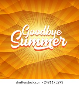 White goodbye summer vector concept text label or sticker on orange summer background with sun lights. Summer background with rays of light.
