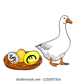 The white goose bears currency eggs, dollar, euro, gold. isolated object on white background, summer color. Vector illustration.