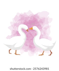 White Goose Bird Valentines Day Animal Symbol of Love Postcard Watercolor Vector Illustration