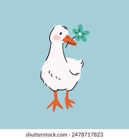 White goose birthday card design. Vector cute bird isolated element design on mint background. Funny birthday party design