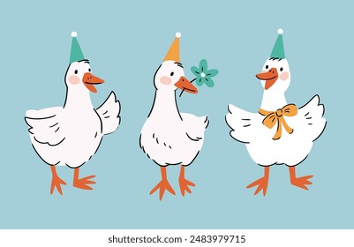 White goose birthday card design. Vector cute bird isolated set element design on mint background. Funny birthday clip art illustration. Goose sticker set.