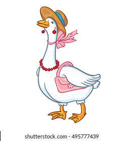 White Goose cartoon with a handbag, isolated on white background, cartoon funny goose, poultry, animal vector.