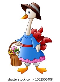 White Goose cartoon wearing a hat with basket and easter egg