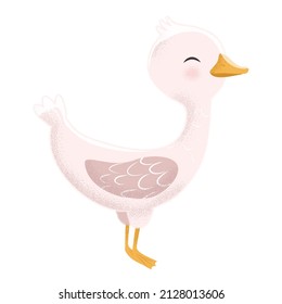 White Goose in different poses. Cute vector illustration in simple hand-drawn cartoon style. Cute cartoon ducks. Character bird with outline and texture