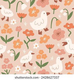 White goose in flowers seamless pattern. Vector summer print. Funny childish design for kids wallpaper, fabric or wrapping paper. Cute animal texture.