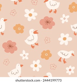 White goose in flowers seamless pattern. Vector summer print. Funny childish design for kids wallpaper, fabric or wrapping paper. Cute animal texture.