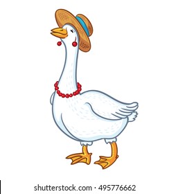 White goose with a hat isolated on white background, female goose, cartoon funny goose, poultry, animal vector.