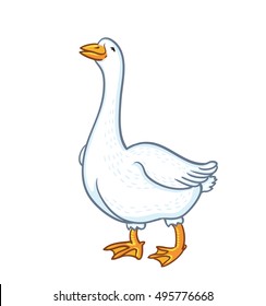 White goose isolated on white background. Cartoon funny goose, vector illustration sketch, farm feathered animal