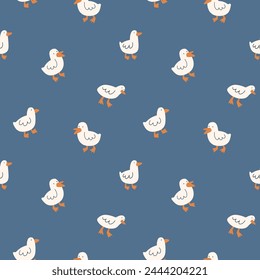 White goose on blue background. Animal seamless pattern. Vector simple print. Funny childish bird design for kids wallpaper, fabric or wrapping paper. Cute animal texture.