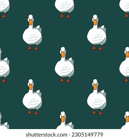 White goose on the dark green background seamless pattern
