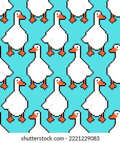 Patrón de arte Pixel blanco sin fisuras. Fondo de aves acuáticas de 8 bits. textura de tela de bebé pixelada