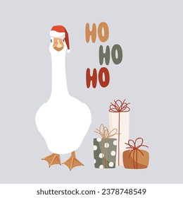 White goose in Santa Claus helper hat, gift boxes, and ho-ho-ho lettering isolated design element. Funny and cute goose full length vector illustration.