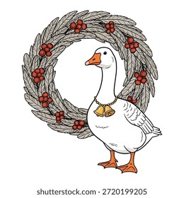 Ganso branco em pé na frente da grinalda decorativo inverno bagas ave festiva adornada com sinos vetor gráfico simples